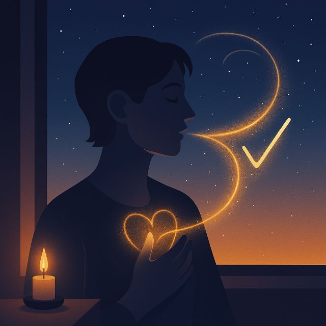 Manifestation Prayer — Words + Feeling = Movement manifestation prayer — serene figure at night with hand on heart as a stream of golden light flows from lips to chest, symbolizing words and feelings aligning.
