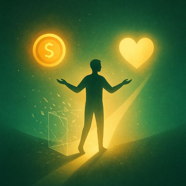 Square illustration of a figure stepping out of a transparent shattered box into emerald-gold light, balanced between a glowing coin/sun and a warm heart—symbolizing wealth and joy through money magnet affirmations.