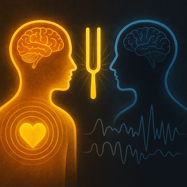 The Science of Energy Harmony Two human silhouettes face each other with glowing brain and heart connections and a bright tuning fork between them, symbolizing energy coherence and emotional vibration.