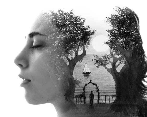 Double-exposure image of a calm woman with her eyes closed blended with trees, a sailboat, and a serene dreamlike landscape, symbolizing visualization.