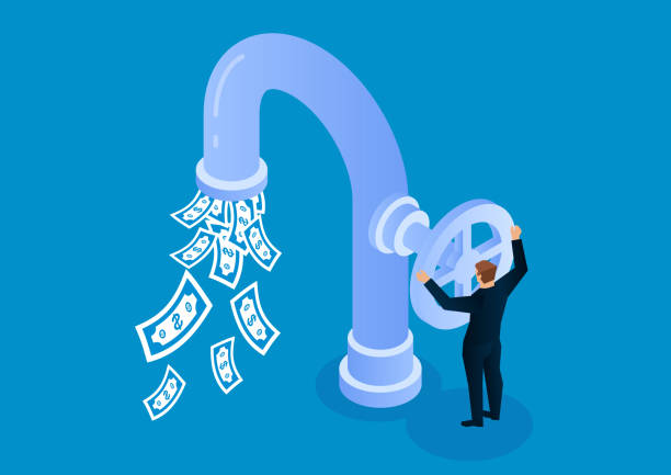 Illustration of a businessman opening a money faucet, symbolizing how morning affirmations to attract money can create a flow of financial abundance.