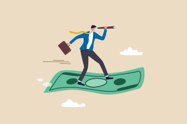 Businessperson surfing a flying banknote with a telescope, envisioning success via the money law of attraction.