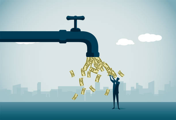 Illustration of a man standing under a giant faucet pouring out dollar bills, symbolizing powerful money affirmations that work to open the flow of abundance.