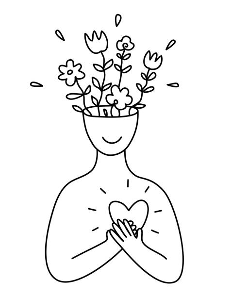 Open-Heart and Clean Mind Coherence for CE5 Meditations Line art of a smiling person holding a heart with flowers blooming from the head, symbolizing gratitude and coherence for ce5 meditations.