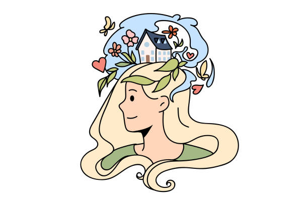 Illustration of a smiling woman in profile with flowers, butterflies, hearts, and a small house floating above her hair, symbolizing calm daydreams of home and happiness.