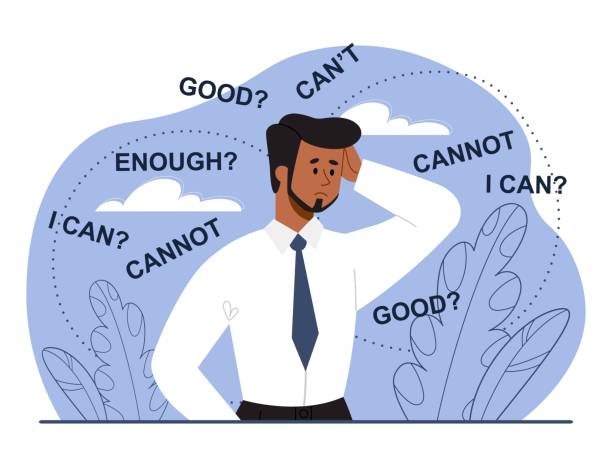 Concerned man surrounded by “can?” and “cannot” thoughts, depicting how to change your limiting beliefs.