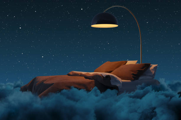 Cozy bed floating on clouds beneath a starry night — manifest dream life while you sleep.