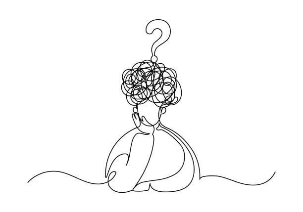One-line drawing of a person with a scribble cloud and question mark overhead, showing mental clutter before hypnosis to get rich.
