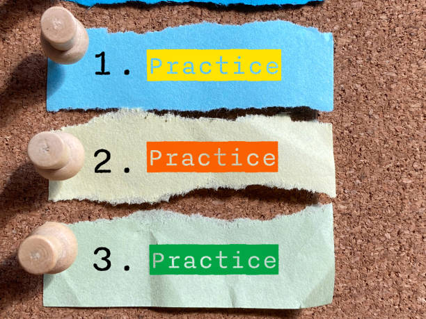 Colorful torn paper notes pinned to a corkboard that say “Practice” three times, illustrating how small daily habits create identity shifts.
