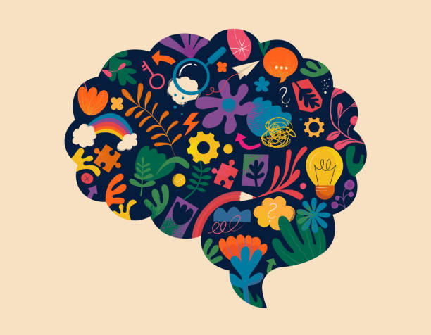 mental rehearsing — vibrant brain silhouette filled with icons of ideas, emotions, and habits.