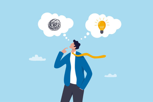 Illustration of a man looking at two thought bubbles, one tangled scribble and one glowing lightbulb, representing mindset shifts from joe dispenza meditation.