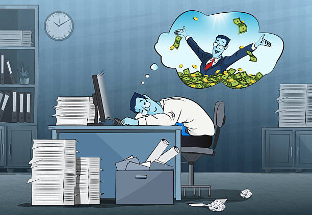Office worker dreaming of wealth while sleeping at his desk, illustrating 10 money affirmations that really work to transform his financial reality.