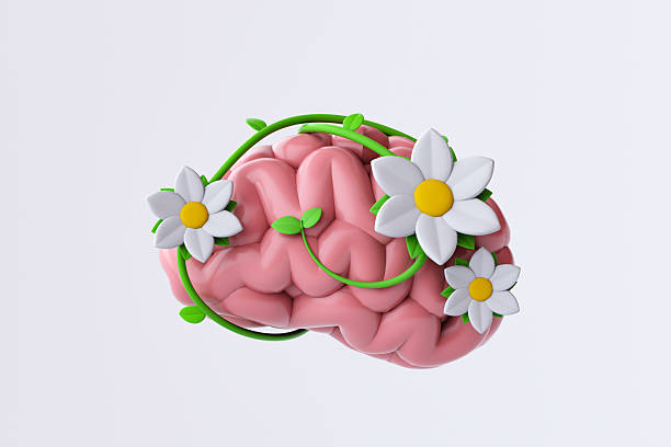 3D illustration of a pink brain wrapped in green vines and white flowers, symbolizing healing and transformation through joe dispenza meditation.