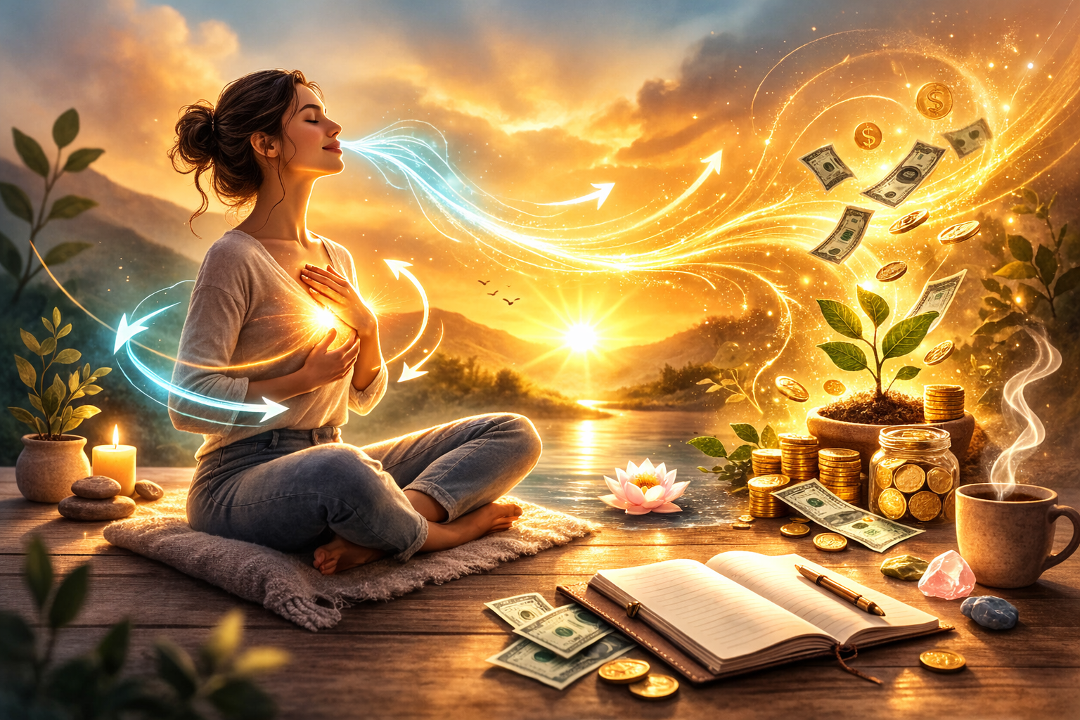 Breathing Into Abundance with a Money Blessing Prayer Woman sitting cross-legged at sunrise, breathing calmly with glowing energy flowing through her chest while golden light, coins, and floating bills swirl around her, symbolizing a money blessing prayer aligned with peaceful breath and abundance.