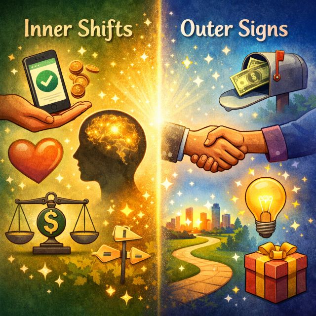 Do Money Affirmations Really Work? Inner Shifts and Outer Signs of Abundance Illustration showing inner mindset shifts and outer financial signs connected by light, symbolizing the question do money affirmations really work.
