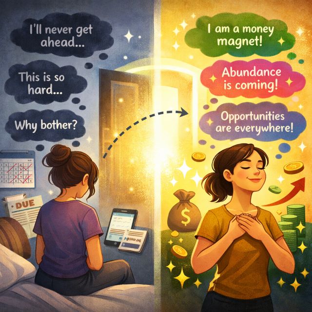 Illustration showing a woman shifting from negative money thoughts to positive affirmations, representing how to attract money to you by changing your mindset.