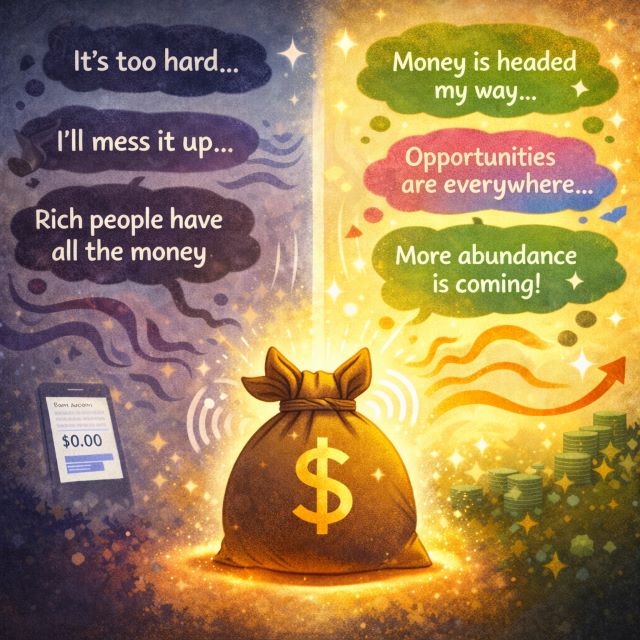 Symbolic illustration of money as energy, showing a money bag with ears responding to negative and positive thoughts about wealth.