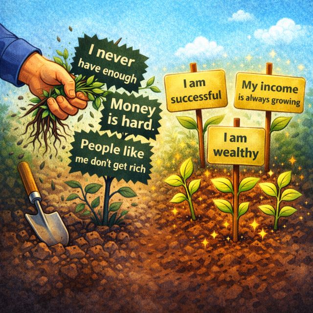 Do Money Affirmations Really Work? Replanting Your Money Beliefs Square illustration of negative money beliefs being pulled out like weeds and replaced with positive affirmations growing in soil, reflecting the question do money affirmations really work.