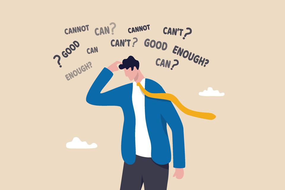 Rewriting Your Mind with Words to Attract Money Man surrounded by negative thoughts like “can’t” and “not good enough,” highlighting the importance of words to attract money