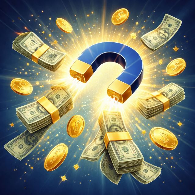 Best Affirmations to Attract Money and Prosperity Mindset Blue and yellow magnet attracting dollar bills and coins symbolizing the power of the best affirmations to attract money and abundance mindset