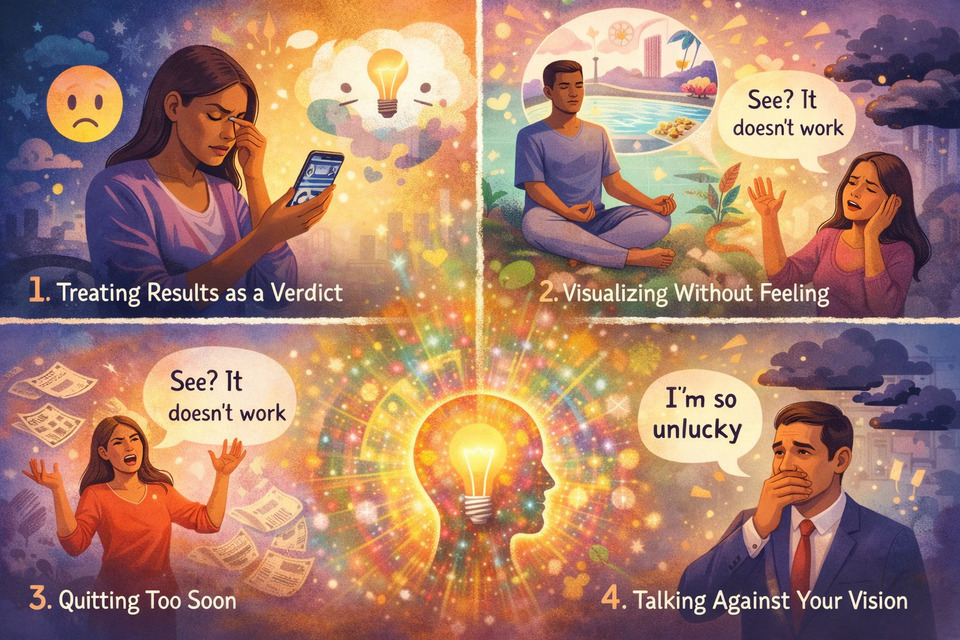 Conceptual illustration showing four common habits that block the most powerful manifestation method, including doubting results, visualizing without emotion, quitting too early, and speaking negatively.