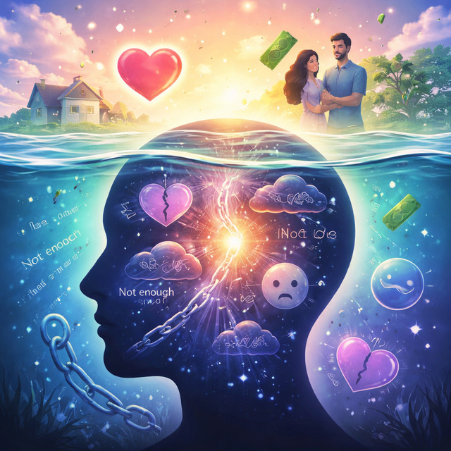 Conceptual illustration of a human head underwater representing the subconscious mind, with chains, broken hearts, and negative thought symbols showing hidden beliefs that create law of attraction blocks.