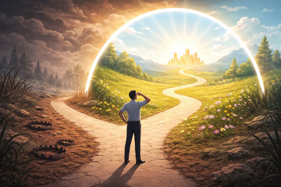 Person standing between two paths choosing a brighter future illustrating how to believe in manifestation beyond current circumstances