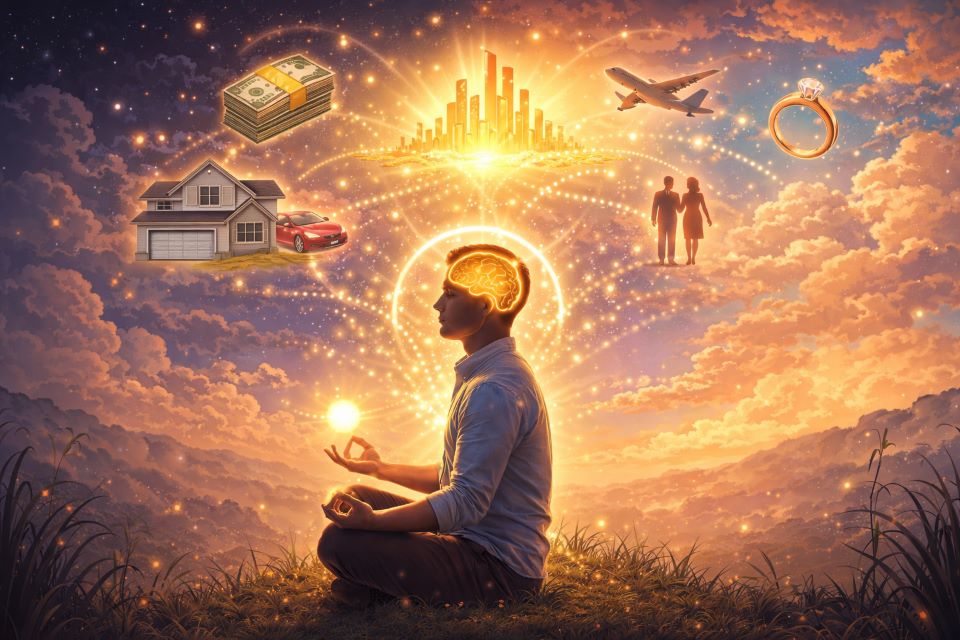Man meditating while visualizing success symbols like money, house, and relationships representing how to believe in manifestation