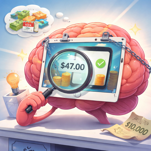 Conceptual illustration for how to act as if, showing a brain focusing on a $47 balance while filtering reality through current beliefs and past conditioning.