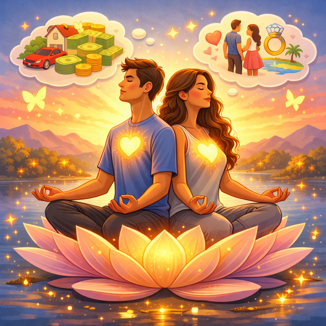 A symbolic illustration about how the law of attraction really works, showing a man and woman meditating back to back on a glowing lotus while thought bubbles above them reflect dreams of wealth, love, and a future life together.