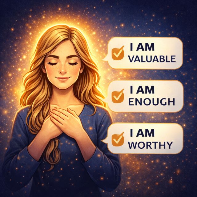 Woman with eyes closed and hands over her heart surrounded by glowing light and affirmation bubbles, symbolizing strengthening a positive manifestation self concept through daily “I AM” affirmations.