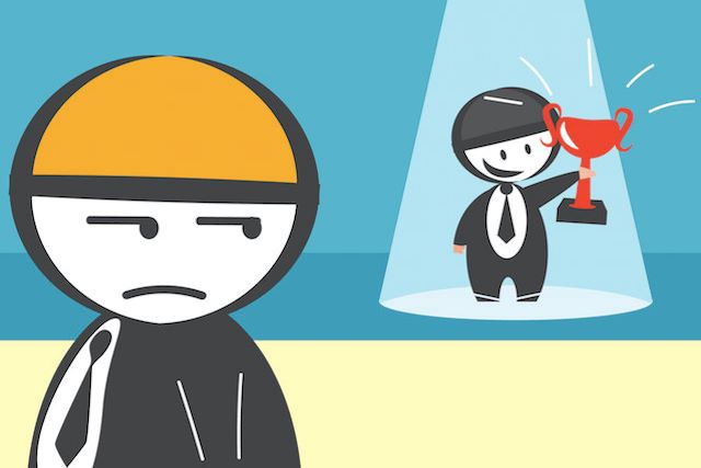 From Jealousy to Inspiration as Money Manifestation Signs Cartoon illustration of a frustrated person watching another person happily holding a trophy under a spotlight, representing jealousy turning into inspiration as money manifestation signs.