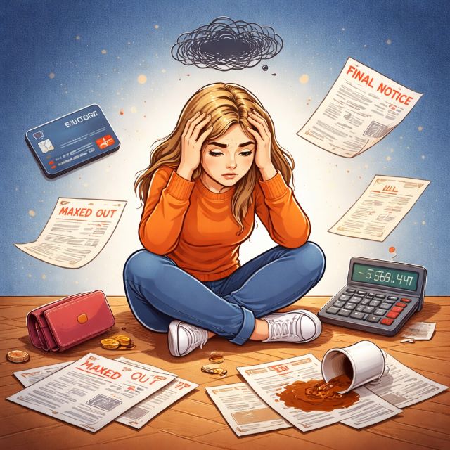 Illustration of a stressed woman sitting on the floor surrounded by bills, a calculator, and an empty wallet with a dark scribble cloud above her head, representing how negative beliefs and manifestation self concept influence financial behavior.