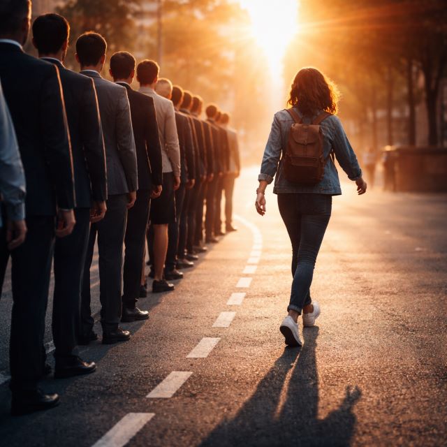 Stepping Out of the Line: Becoming the Exception A person walking away from a line of identical people into sunlight, symbolizing breaking free from conformity and choosing a unique path.
