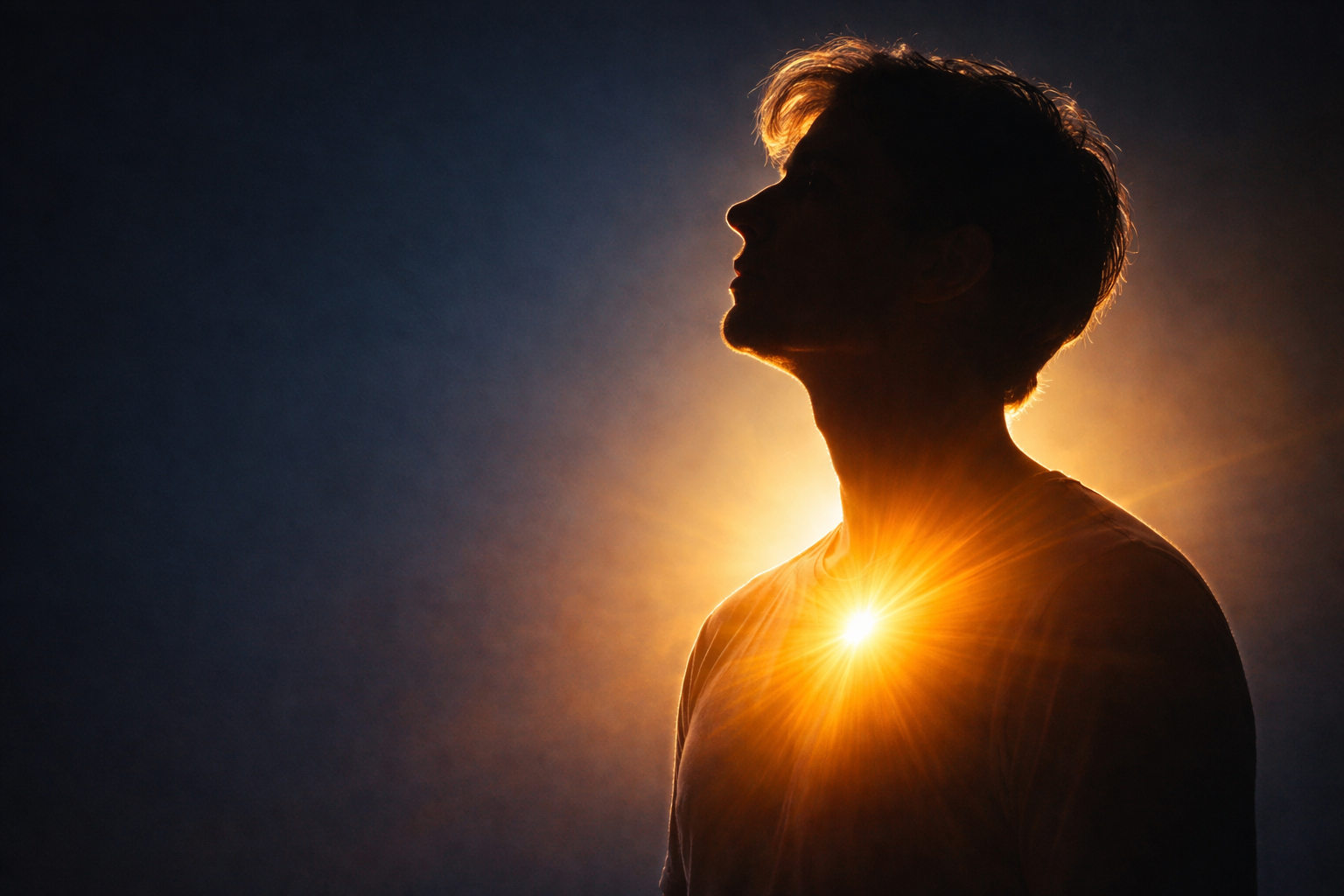 Inner Alignment and the Best Affirmations to Attract Money Minimalist profile silhouette of a man against a deep blue background with a warm golden light glowing from his chest, symbolizing inner alignment while practicing the best affirmations to attract money.