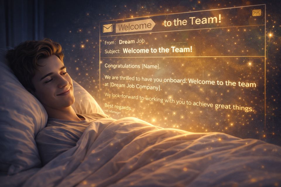 Person lying in bed smiling while a glowing email on the wall shows a “Welcome to the Team” message from their dream job.