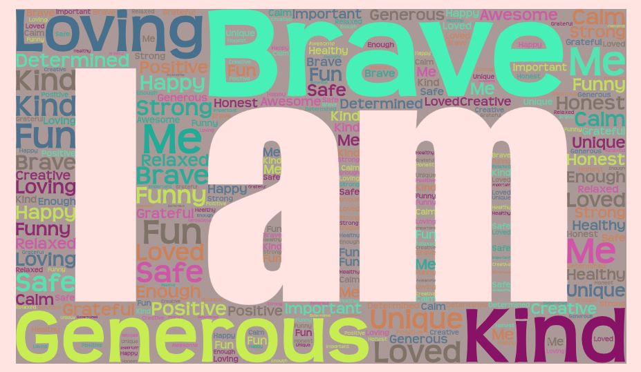 Colorful word collage forming the phrase “Brave I am” surrounded by positive traits like kind, strong, loving, and determined, representing a positive manifestation self concept.