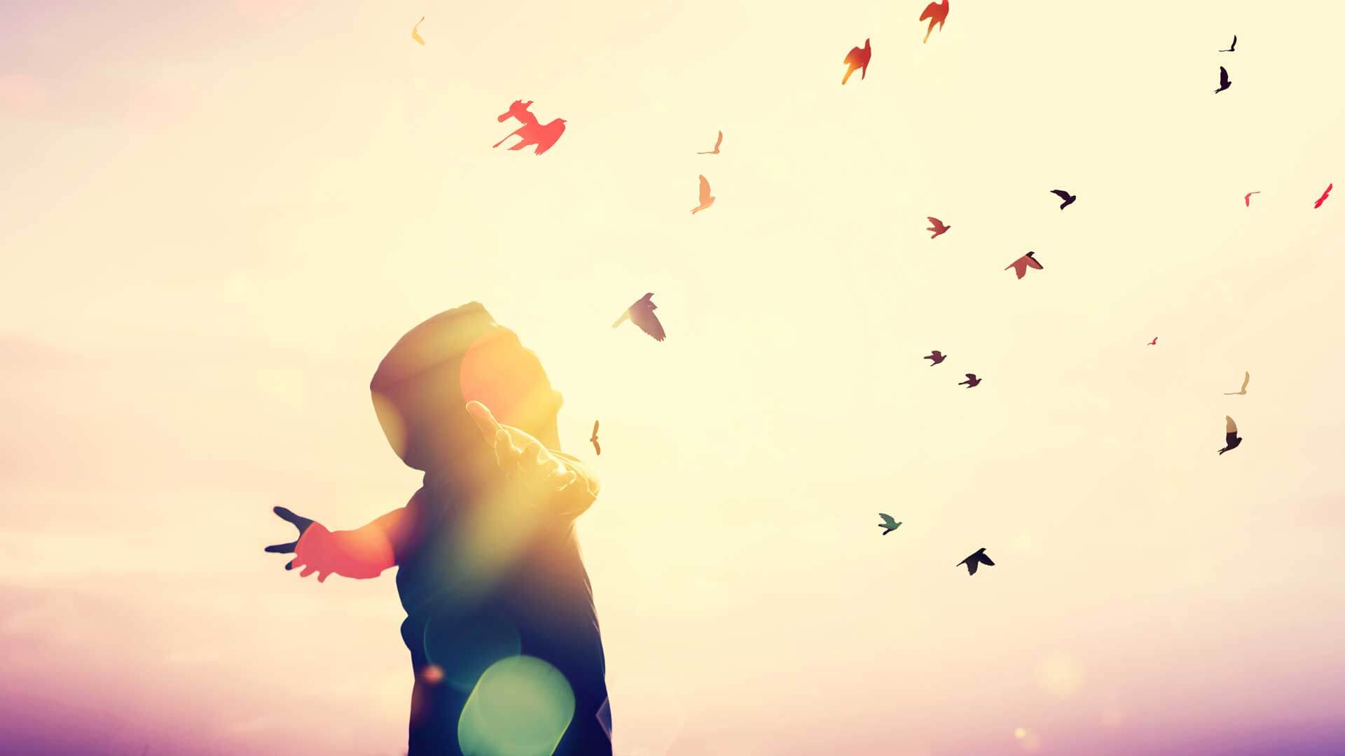 Silhouette of a person standing with arms open toward the sky while birds fly overhead, symbolizing emotional freedom and releasing law of attraction blocks.