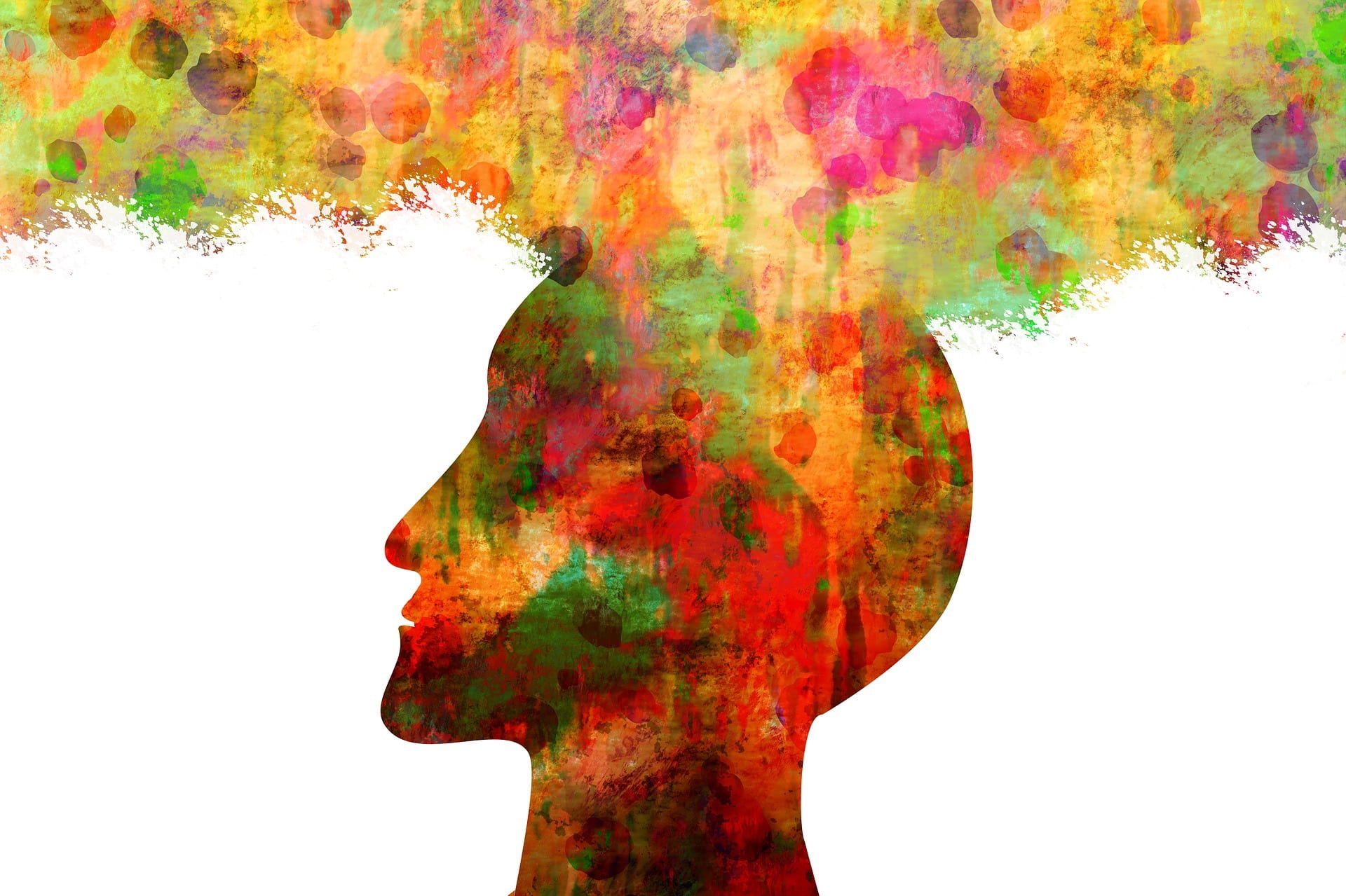 Abstract silhouette of a human head filled with colorful energy and expanding patterns representing the mind used in the most powerful manifestation method.