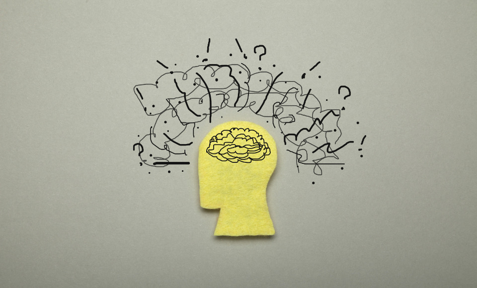 Illustration of a human head with a brain inside and chaotic scribbles around it symbolizing mental clutter and law of attraction blocks caused by subconscious beliefs.