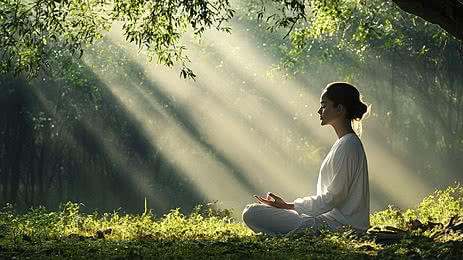 Peaceful nature scene illustrating how to act as if, featuring a woman meditating in a forest while soft sunlight streams through the trees.