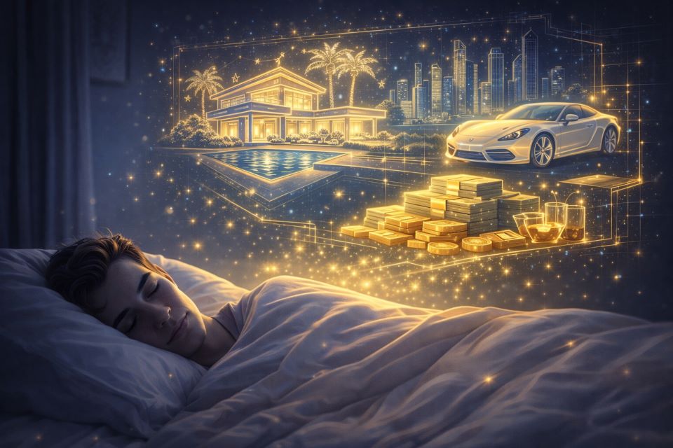 Person peacefully sleeping while a glowing blueprint of a dream life with a house, car, city skyline, and money floats above them, symbolizing Neville Goddard living in the end.