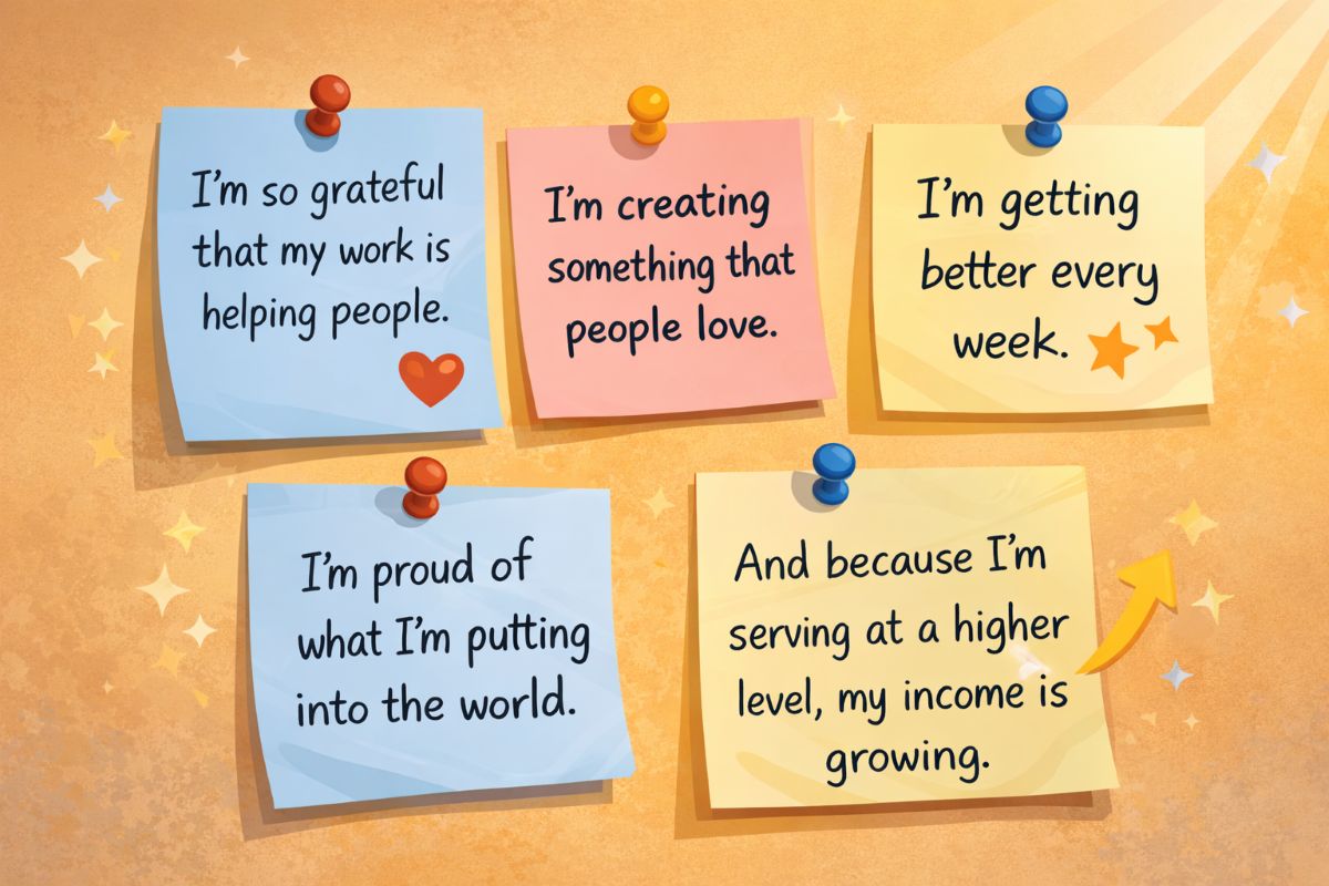 Act as if manifestation sticky notes on wall showing affirmations about gratitude, growth, and increasing income