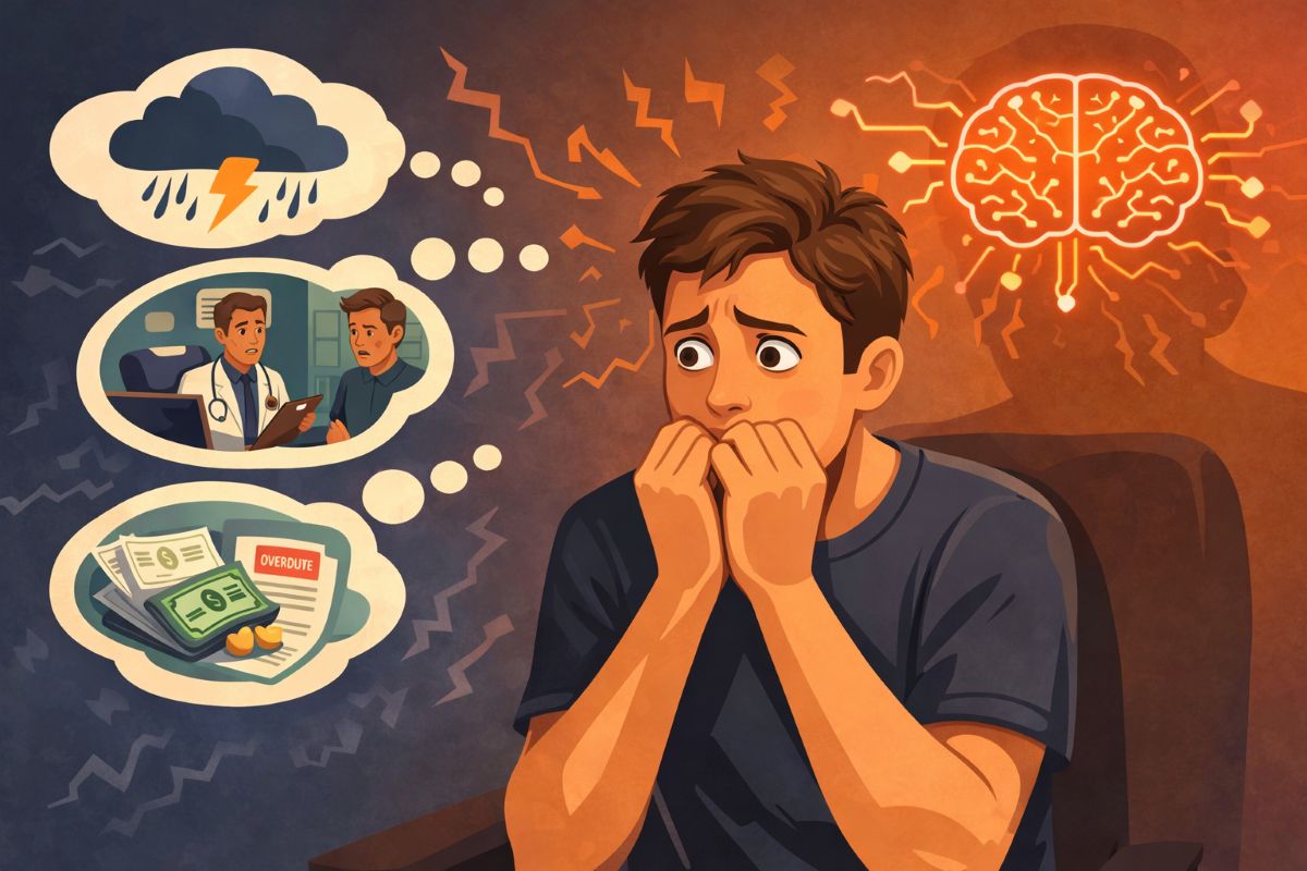 Flat 2D illustration of Jake Ducey experiencing anticipatory anxiety and negative thought patterns about money, showing how to train your brain to make money