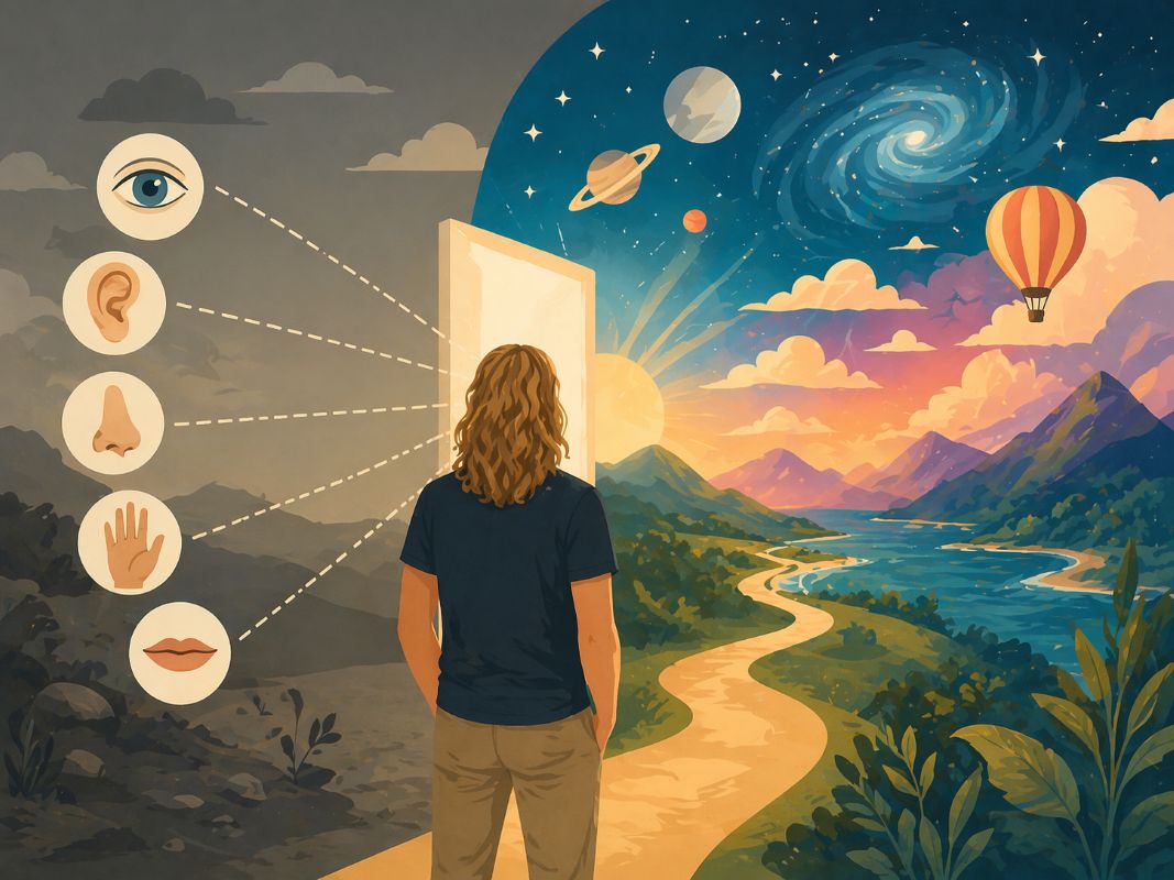 Flat 2D illustration of Jake Ducey facing a glowing doorway beyond the five senses, opening into a colorful world of expanded possibility and oneness with the universe.