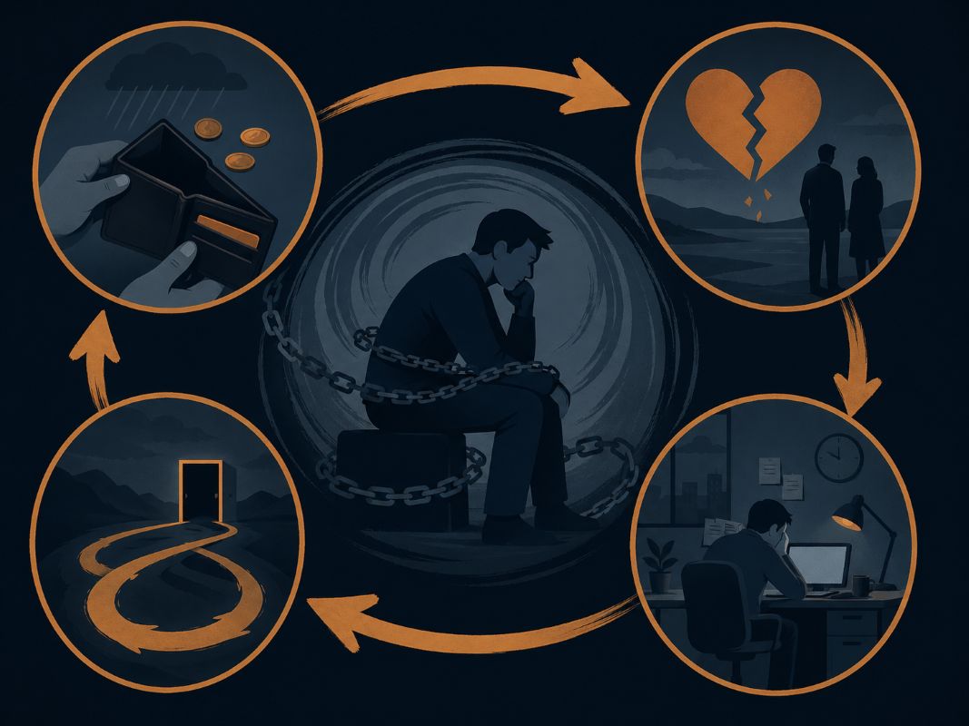 Flat 2D illustration of a person trapped in a repeating emotional loop with symbols of money stress, heartbreak, and work frustration, representing reaction mode and quantum field manifestation.