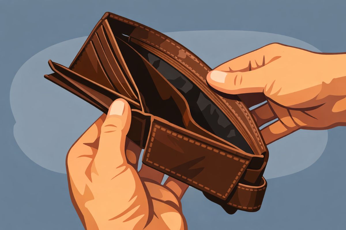 Flat 2D illustration of empty wallet in hands symbolizing scarcity mindset and financial struggle