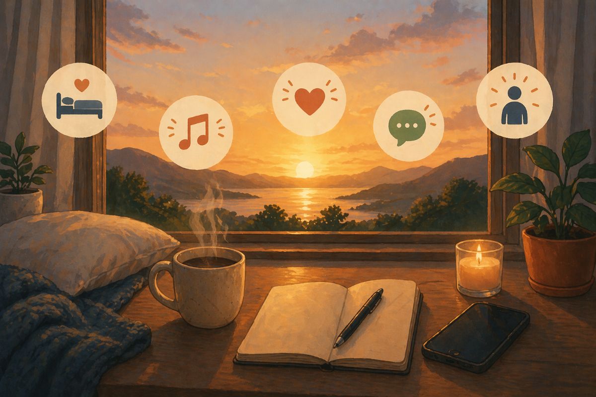 A cozy indoor scene at sunset with a steaming mug, open notebook, candle, phone, and soft floating icons for sleep, music, connection, and gratitude, reflecting a peaceful brief guided meditation moment.