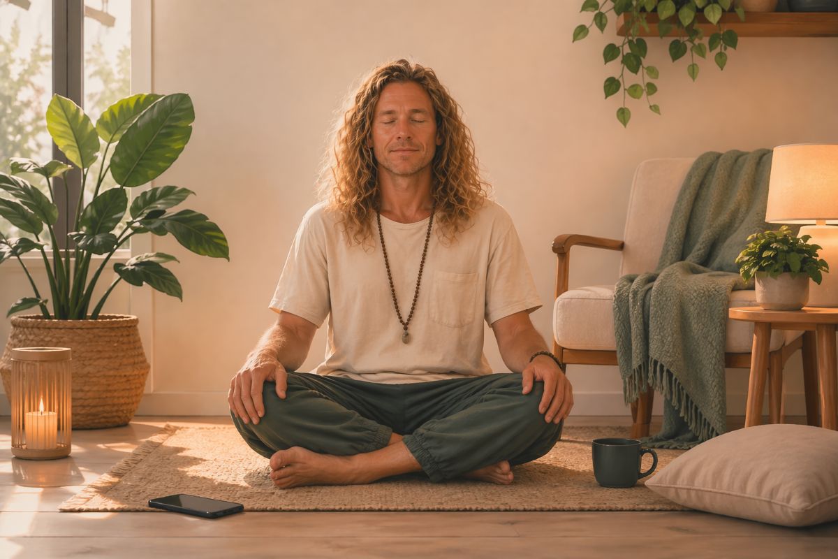 Man sitting cross-legged on a rug in a calm sunlit room during a brief guided meditation session, surrounded by plants, a chair, a candle, and soft home decor.