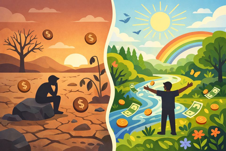 contrast between scarcity mindset and abundance mindset with emotional shift visualization